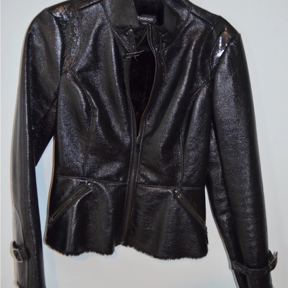 Bebe Black faux Leather peplum Jacket, medium, rare NWOT